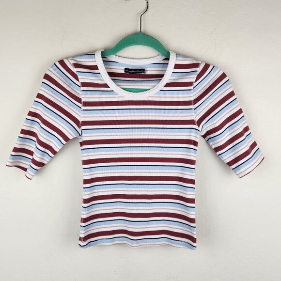 Abercrombie & Fitch Striped Ribbed Elbow Sleeve Tee Red White Blue sz S - Picture 1 of 8